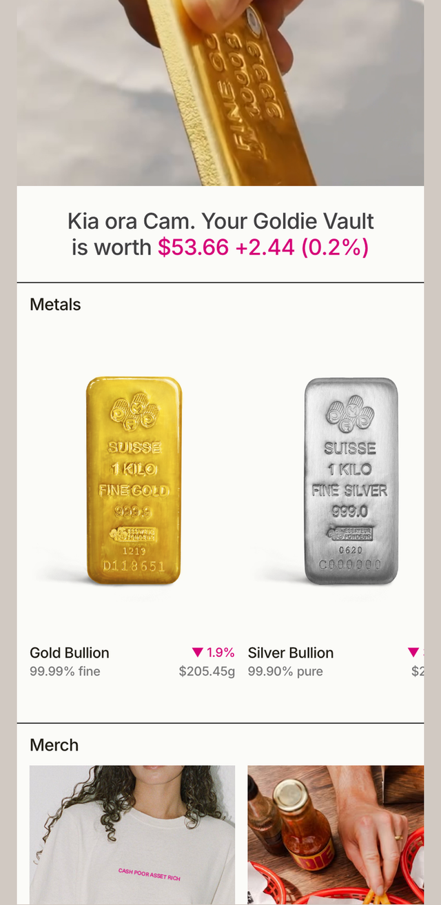 The Goldie app home screen, showing a vault's value and gold and silver bullion