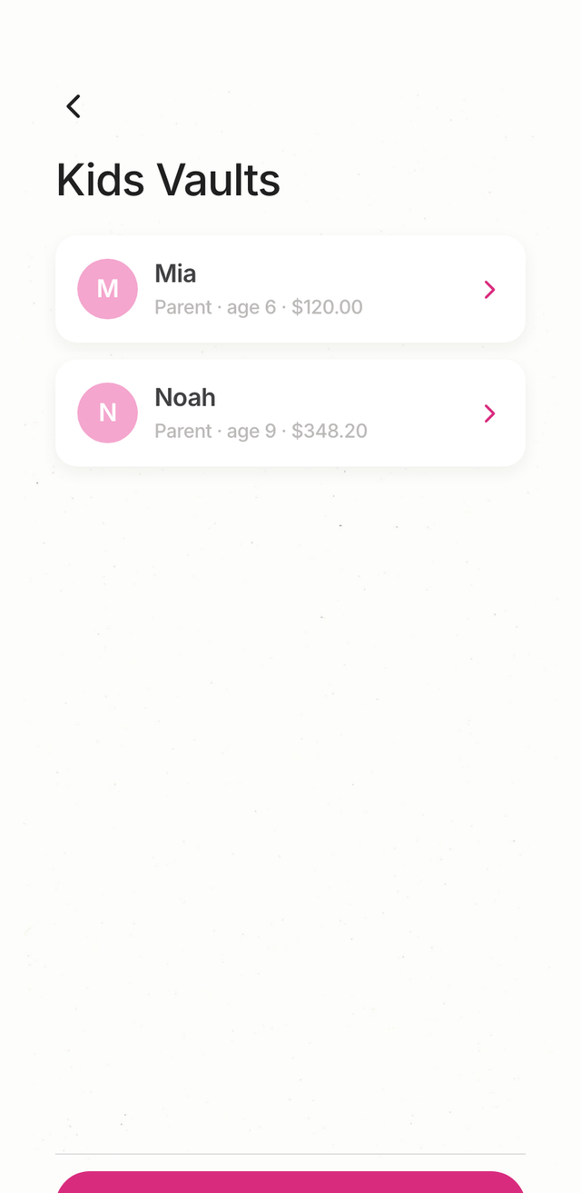 The Kids Vaults screen in the Goldie app, with a vault for Mia and a vault for Noah